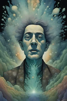 a close up portrait illustration of Frederich Nietszche , a vision exploding from his mind, projecting ancestral spirits emerging from a horrific past , splashing on a semi-permeable membrane in fractal shapes congealed above an iridescent algal bloom in batik patterns across a desert landscape of columnar basalt and moeraki boulders, in the style of Alex Prager, Zdzislaw Beksinski and the comic book style of Jean-Giraud Moebius ,