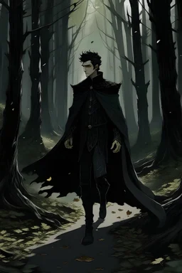 A King in a black outfit with short wavy black hair, walks through a dark forest.