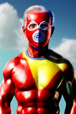 realistic image of joe biden as a mexican wrestling fighter posing, Mexican eyes wrestling mask, red and blue breeches, retro style, 80s, vibrant color, highly detailed, sky background, concept art, unreal engine 5, god rays, ray tracing, RTX, lumen lighting, ultra detail, volumetric lighting, 3d, finely drawn, high definition, high resolution.