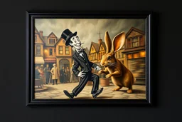 Charlie Chaplin town major troll mouse rabbit in style of Rembrandt and Fallout 4, with motion blur, all on a painting on wall with black wooden frame and with black wall background