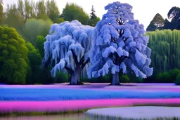 peyage de champs fleurs bleues et roses, grands arbres, pins, orme, saule pleureur , tronc lumineux , rivière, chateau fçeçerique