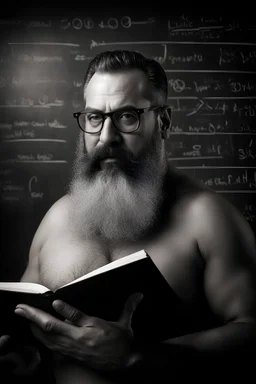 half figure shot photography of a turkish bearded chubby shirtless barechested 44 years old professor in thick glasses, big shoulders, manly chest, standing by completely writed blackboard , front view from the ground, photorealistic, ambient occlusion, side light