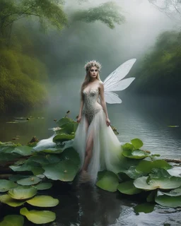 🍂 🌱🌹 realistic photography full length image beautiful humanoid Fairy Queen roots lotus flowers leaves plenty,fullbody pretty fairy lady drown into the river swim on swampriver and the wonderful river sorrounded birds and flowers, morning heavy fog and smokes background,realistic potrait photoshoot experiences photographer