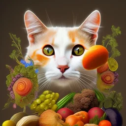 Cat head vegetables fish like Arcimboldo black background