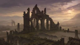 Destroyed City, medieval ruins, debris, stone, breched, brocken, Perspektiv from the sky, by Jean-Baptiste Monge, Ivan Bilibin, Albert Bierstadt, Reza Badrossama, watercolor ink, pencil sketch, splash art, intricate details, fantasy, beautiful, oil on canvas, award winning, imperial colours, fantastic view, radient colours, very attractive, crisp quality