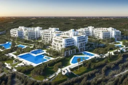 Sunset algarve in quinta do lago, a modern luxury villa apartments in straight 250 meters long with pool on rooftop, with a separate clubhouse building facility with green roofs, overlooking the campus sport facility and inserted in the Ria Formosa Natural park, on a slope with pinus pinea, a wrap around low speed veicular road