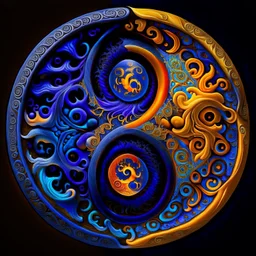 yin-Yang symbol, hyper detailed, photorealistic, hyper detailed, hyper defined, orange, azul, purple, yellow, DMT art