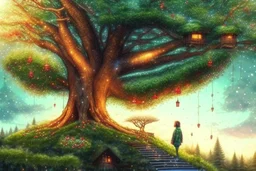 The tree of Heavens, huge tree floating heaven, warm and cozy, many huts on the tree, people, huge railing, firelights, blossoms, christmas decorations, fireflies, beautiful, Serene, Warm place