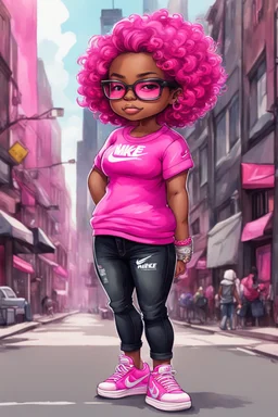 create an watercolor illustration of a chibi cartoon voluptuous black female. Wearing a hot pink t-shirt and tight black jeans with hot pink Nike sneakers. Prominent make up with hazel eyes and she is wearing pink glasses. Extremely Highly detail of a very low platinum shiny black pixie haircut. Background of a busy city street.