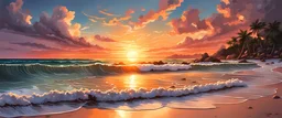beach, intricated details, sunset, realistic painting style, dramatic lighting