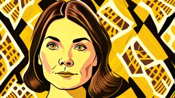 Detailed illustration of a 30 year old woman named Alice with brown hair, head shot, yellow background, patterns in the background