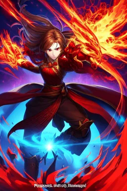 full body picture of a princess with brown waist length hair, fire powers in hands, magic, fantasy, spell, dark, wearing black and red fantasy armor, evil, red eyes, smirk, confident, arrogant, cocky, Unreal Engine, anime, high resolution, hi res, detailed, intricate, fighting