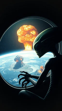 Alien inside a space ship looking at earth through his big window , too many explosions on earth