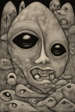 Liminal Dreamscape nightmares of disembodied eyes and mouths; Primitive Art; Ink Wash; Black With Iridescent Pastels