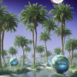 1980's aesthetic vaporwave curvy palm trees with spheres and ufo