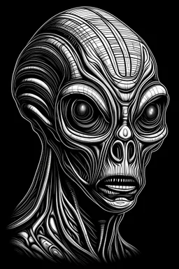 disturbing alien half-length portrait, outline, for coloring books, high quality, detailed, 8k, simple drawing, no shading, black background , only b/w