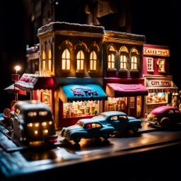 Close-up photograph of a diorama building, city, store, advertising, land-of-toys with detailed vintage toys made of cake-frosting and felt, strong texture, extreme detailed, movie shot, rich moody colors, sparkles, night, nightmare