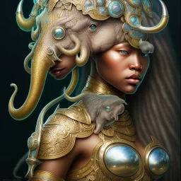 Sango fantasy, fantasy magic, intricate, sharp focus, illustration, highly detailed, digital painting, concept art, matte, art germ and Paul Lewin and Kehinde Wiley, masterpiece silver elephant head bronze Asian African girl nice breast Hawaiian hair turquoise golden waves