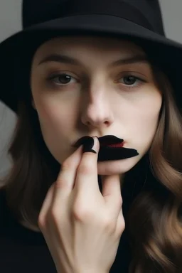 Woman forgetting to wear with black cloth on her lips