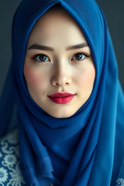 Membuat gambar seorang wanita cantik berhijab warna biru dari Asia yang sangat cantik menakjubkan mempesona mempunyai dengan menonjolkan fitur wajah dan kulit tubuh yang sangat putih , pucat, bening cerah dan bersinar seperti porselin pencahayaan sinematik pemotretan frontal, kualitas 4K , mahakarya yang sangat cantik dan bersinar seperti porselen pakai lipstik pink pakai gaun Ballgwon warna biru dan putih berlapis lapis dengan bentuk mengembang dan renda renda indah sangat menakjubkan dipercan