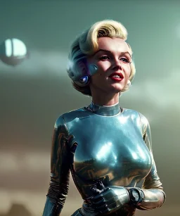 Ultra Realistic retro sci-fi 1960 scene, waist up view portrait, blonde woman, sweet young Marilyn Monroe face, perfect iris, tight latex coat, alien planet background, tight style, steel sphere dron levitating, fog, rain, soft color, highly detailed, unreal engine 5, ray tracing, RTX, lumen lighting, ultra detail, volumetric lighting, 3d, finely drawn, high definition, high resolution.