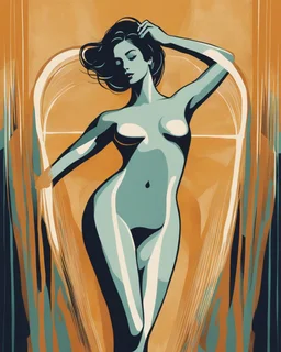 Esboço linear do corpo de uma mulher, with her arms are outstretched line fluid abstract, art style by Coco Vandi, retro minimal, trendy art, art style by Eckhart Tolle and Fabio Hurtado