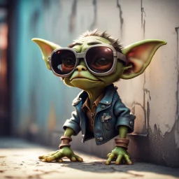 airbrush with pen outline, cool pimp gremlin leaning against a wall, wearing flip down sun glasses, in the style of a fallout 4,bokeh like f/0.8, tilt-shift lens 8k, high detail, smooth render, down-light, unreal engine, prize winning