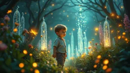 Un beau petit garçon erre dans son monde imaginaire enchanté, Parmi les merveilles, qu'il adore explorer. Nuit enchantée, plantes magiques, fontaines de lumière, lucioles dansantes, fées lumineuses. Ses rêves sont vastes, pleins de beauté, Chaque instant est un nouveau bonheur. Dans son univers, tout est merveilleux, Un monde imaginaire, tendre et lumineux. Bel éclairage, composition attrayante, photoréaliste, extrêmement détaillée, clair-obscur, règle des tiers. Photograph