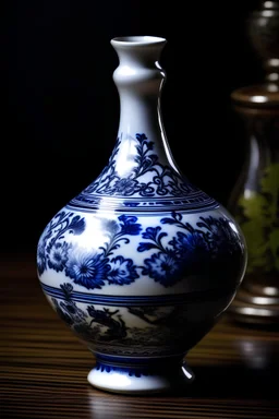 Chinese blue and white porcelain，瓷瓶，高级，在古代案台上，8k，不输出低质量