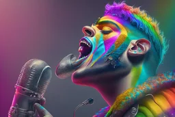 singer with a rainbow stinger, perfect composition, hyperrealistic, super detailed, 8k, high quality, trending on artstation, studio photo, highly detailed, wide borders