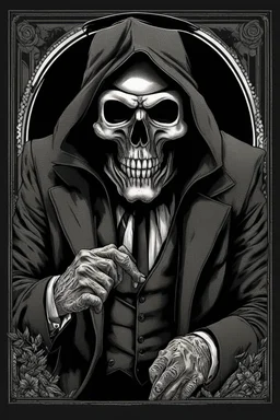 ultra high image quality, Grim Reaper, WEARING A 3 PIECE SUIT, POSED FOR DOLLAR BILL PORTRAIT, LINE TONE, WSJ STYLE, HEDCUT, Close-up of an set against AMOLED-worthy pure black backdrop, fantasy art style infused with filter, tailored for vertical wallpaper, exclusive design with no duplicates, radiating beauty suitable for a PC screen image, vivid colors, ultra fine, digital painting.