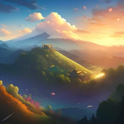 hidden village, hills, green, sunrise, clouds, mystic, Japanese