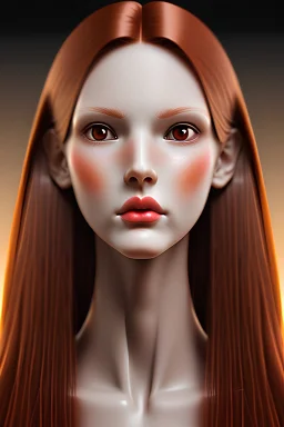 Tall thin female, long brown/red hair, long face with wide gem like black eyes, thin nose and full lips ok a wide mouth, many smile lines, skin like a flower petal