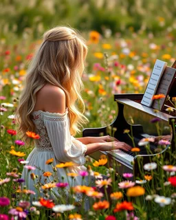 Beautiful blond adorned playing piano in Realistic photography of a field of wildflowers, soft natural lighting, vibrant colors, intricate details,peaceful and serene atmosphere.