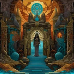 A psychedelic digital painting of "Realms Revealed" album artwork for The Fold Path's concept album. The collage cover features occult high priestess before a portal revealing Atlantis, with dimensional gateways swirling around band logo. Includes titles: "Gates Ajar", "Arcane Whispers", "Forgotten Rites", "Sunken Cipher", and "Matriarch of Flame" on stone surfaces in mystical realm.