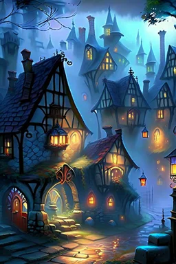 Fantasy village with cobblestone houses with stained glass windows. It's misty and looks cheerful but mysterious.