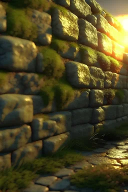 stone wall texture, old, moss, shiny wet, sunset, frontal, photorealistic, high detail