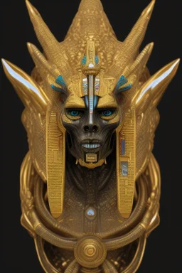 Anunnaki black male African Egyptian alien, cracks in the voodoo head, wicked, eyes, crown, Elephant, 8k, finely detailed, photo realistic, tiger turquoise skull head gold dragon space alien snow skeleton gold olmec silver crown silver eyes