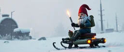 gnome hit man with rocket boots in suit on a mech sled in winter wasteland, style of fallout 4