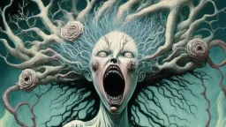 "The Wilhelm Scream of Imaginary Dead Wives" in the style of Michael Hussar and Walter Van Beirendoncks; features a ghostly figure of a woman with windblown crazy hair and mouth wide open in a scream, surrounded by intricate details such as twisted branches, ominous clouds, and hidden symbols. The image is meticulously crafted with an award-winning level of detail that invites the viewer to explore its mysterious depths.