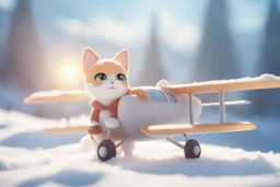 cute chibi anime frightened cat, crashed airplane in the snowy mountains in sunshine, ethereal, cinematic postprocessing, bokeh, dof