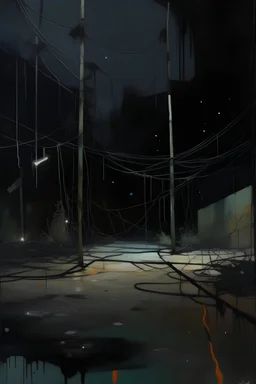 Minimal abstract oil paintings falling person limbs sinew and concrete fragments and hanging wires illuminated at night style of Justin Mortimer and Phil Hale and Ashley Wood