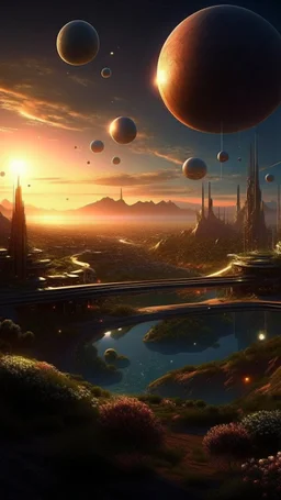 futuristic city, Mediterranean garden, busy city, sunset, planets