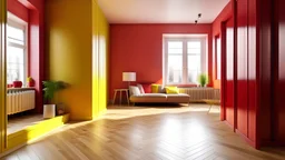 Modern interior in european apartment house with wooden floor গোলাপি কালার ও লাল কালার ও হলুদ কালার