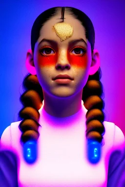 Rosalía, artist, 30 years old, Realistic, waist up portrait. Eyes, make up, glow, circle iris, eye liner. Hair, pigtails. make up, glow. lips, gold. big rings piercing, led ornament, pearls. Hand, baseball bat, Coat, smile pin, inflatable latex, cold, led lights, minimal, neon, pink, blue, gold, vibrant color, highly detailed, art stations, concept art, smooth, unreal engine 5, god lights, ray tracing, RTX, lumen lighting, ultra detail, volumetric lighting, 3d, finely drawn, high definition, 4k