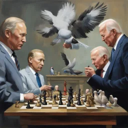 Putin, President Xi Of China And Joe Biden Play Chess With A Pigeon,Ufo And Atomic Bomb Mushroom Cloud,Complex Surgical Instruments, A Newborn Boy,Minimalist composition,Painting By Adrian Ghenie,Rene Magritte,Pablo Picasso,Michelangelo,Salvador Dali,Lucian Freud