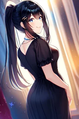 girl, masterpiece, best quality, cinematic lighting, detailed outfit, perfect eyes, long hair, black hair, vibrant blue eyes, black dress, hairclip, ponytail, looking back, indoors, sparkle, smiling, necklace,