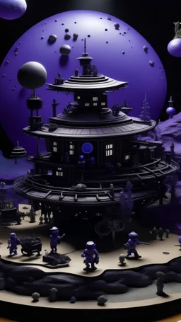 A violet space station surrounded by planets designed in Javanese shadow puppets