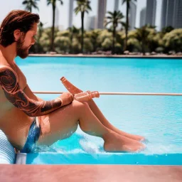 homme cheveux bruns a la piscine boit champagne short rouge tatouages sur le bras a Dubai