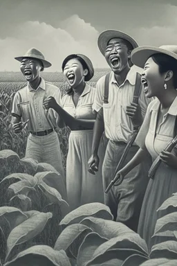 a asian, black, white, latino group of farmers singing in the farming field